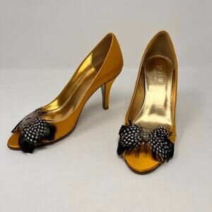 J Crew Peep Toe Heels‎ Womens Size 6 Gold Metallic Feather Jewel Made in Italy